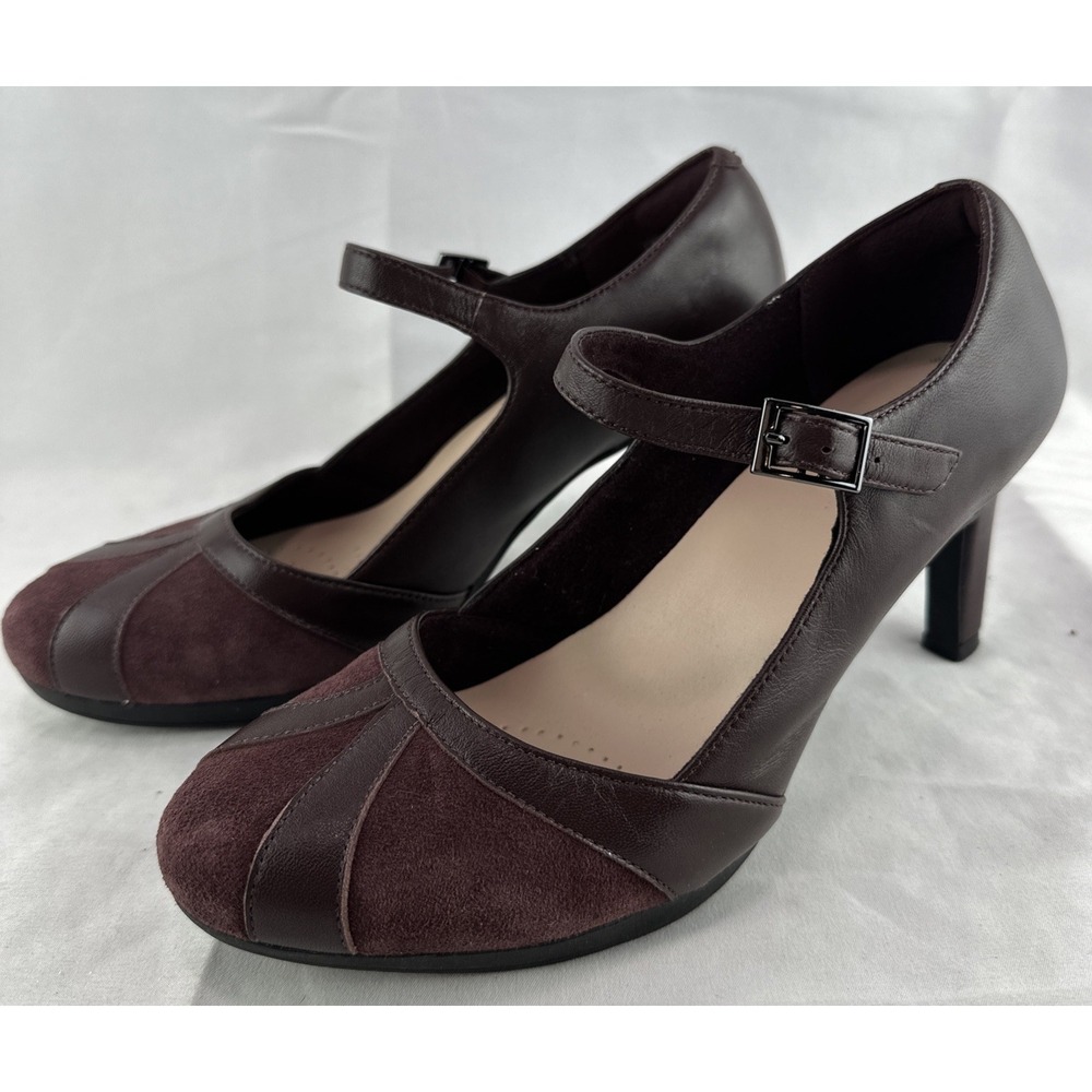 Clarks Women's Ambyr Light Mary Jane Burgundy Leather Suede High Heel‎ Pumps 8.5